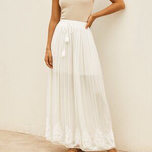 Trafulac Zara White Chiffon Lace Embroidered Elasticized Waist Maxi Skirt Size S